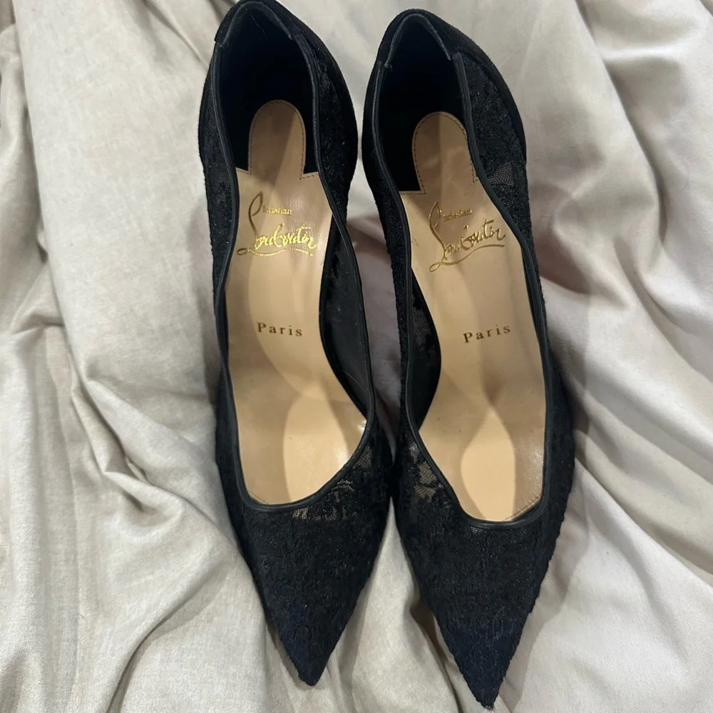 Christian Louboutin Black Lace Pointed-Toe Red Sole Pumps - Picture 11 of 11